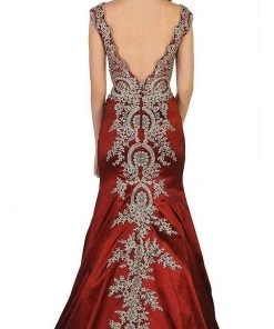 Formal Gowns May Queen - RQ7602 Embellished Wide V-neck Sheath Mother Of The Bride Gown