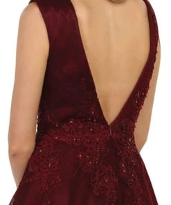 Formal Gowns May Queen - RQ7606 Embroidered Plunging A-Line Dress