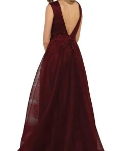 Formal Gowns May Queen - RQ7606 Embroidered Plunging A-Line Dress