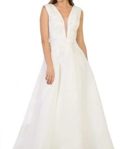 Formal Gowns May Queen - RQ7606 Embroidered Plunging A-Line Dress