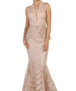 May Queen - RQ7608 Applique Deep Halter V-neck Mermaid Dress