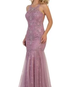 May Queen - RQ7623 Crystal Beaded Illusion Lace Trumpet Gown Formal Gowns