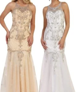 May Queen - RQ7623 Crystal Beaded Illusion Lace Trumpet Gown Formal Gowns