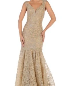 May Queen - RQ7635 Embellished Plunging V-neck Mermaid Dress