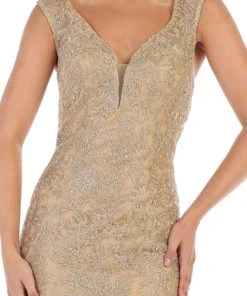 May Queen - RQ7635 Embellished Plunging V-neck Mermaid Dress