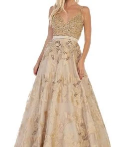 Formal Gowns May Queen - RQ7636 Embellished Plunging V-neck A-line Dress 16 Formal Gowns May Queen - RQ7636 Embellished Plunging V-neck A-line Dress