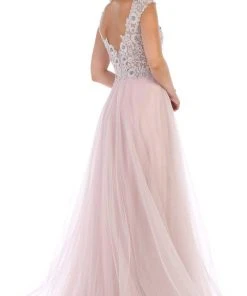 Formal Gowns May Queen - RQ7645 Floral Applique Ornate Cap Sleeve Gown 11 Formal Gowns May Queen - RQ7645 Floral Applique Ornate Cap Sleeve Gown