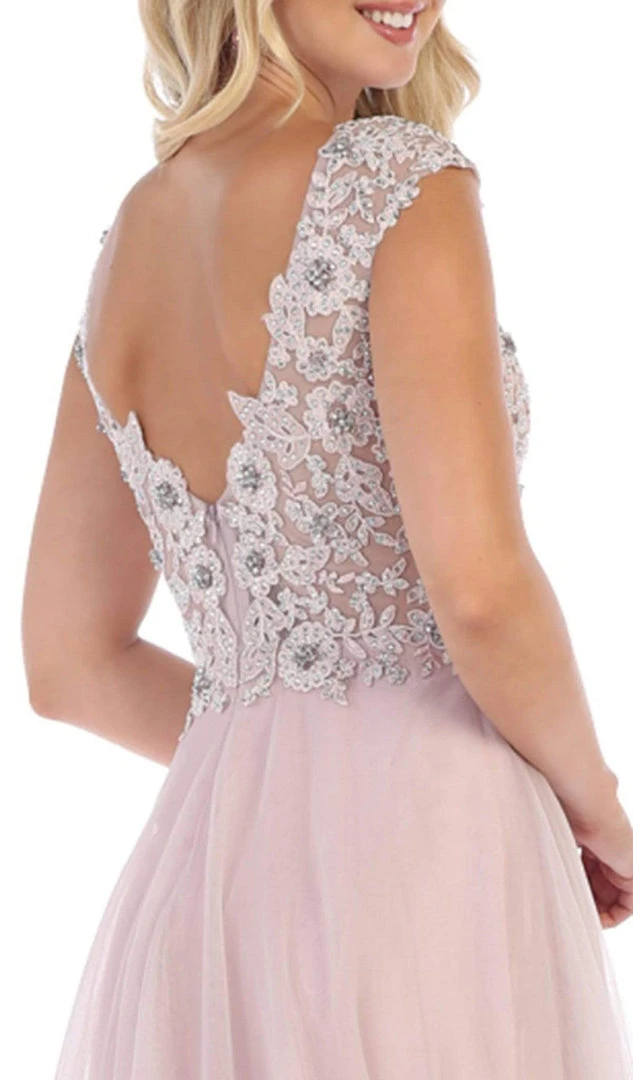 Formal Gowns May Queen - RQ7645 Floral Applique Ornate Cap Sleeve Gown 6 Formal Gowns May Queen - RQ7645 Floral Applique Ornate Cap Sleeve Gown