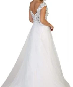 Formal Gowns May Queen - RQ7645 Floral Applique Ornate Cap Sleeve Gown 17 Formal Gowns May Queen - RQ7645 Floral Applique Ornate Cap Sleeve Gown