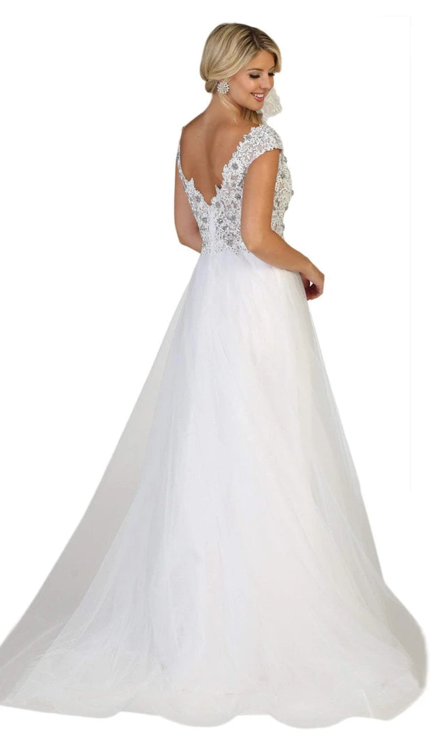 Formal Gowns May Queen - RQ7645 Floral Applique Ornate Cap Sleeve Gown 10 Formal Gowns May Queen - RQ7645 Floral Applique Ornate Cap Sleeve Gown