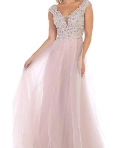 Formal Gowns May Queen - RQ7645 Floral Applique Ornate Cap Sleeve Gown