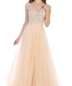 Formal Gowns May Queen - RQ7645 Floral Applique Ornate Cap Sleeve Gown 14 Formal Gowns May Queen - RQ7645 Floral Applique Ornate Cap Sleeve Gown