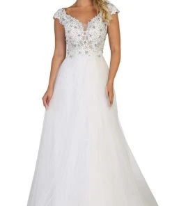 Formal Gowns May Queen - RQ7645 Floral Applique Ornate Cap Sleeve Gown 16 Formal Gowns May Queen - RQ7645 Floral Applique Ornate Cap Sleeve Gown