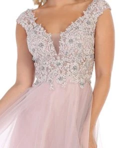 Formal Gowns May Queen - RQ7645 Floral Applique Ornate Cap Sleeve Gown 12 Formal Gowns May Queen - RQ7645 Floral Applique Ornate Cap Sleeve Gown