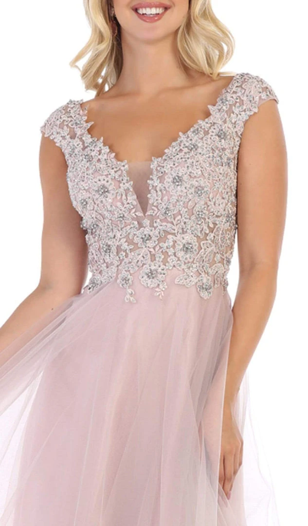 Formal Gowns May Queen - RQ7645 Floral Applique Ornate Cap Sleeve Gown 5 Formal Gowns May Queen - RQ7645 Floral Applique Ornate Cap Sleeve Gown