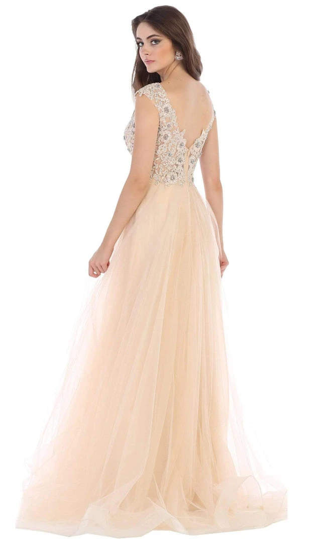 Formal Gowns May Queen - RQ7645 Floral Applique Ornate Cap Sleeve Gown 8 Formal Gowns May Queen - RQ7645 Floral Applique Ornate Cap Sleeve Gown