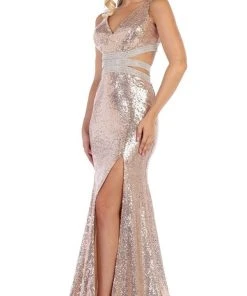May Queen - RQ7648 Cutout Ornate Sequined High Slit Gown Formal Gowns