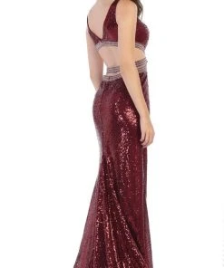 May Queen - RQ7648 Cutout Ornate Sequined High Slit Gown Formal Gowns