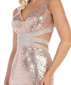 May Queen - RQ7648 Cutout Ornate Sequined High Slit Gown Formal Gowns