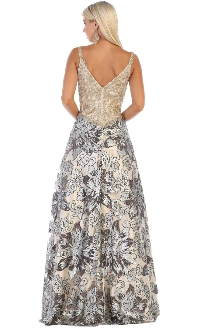 Formal Gowns May Queen - RQ7655 Two Tone Embellished Deep V-neck A-line Dress 4 Formal Gowns May Queen - RQ7655 Two Tone Embellished Deep V-neck A-line Dress