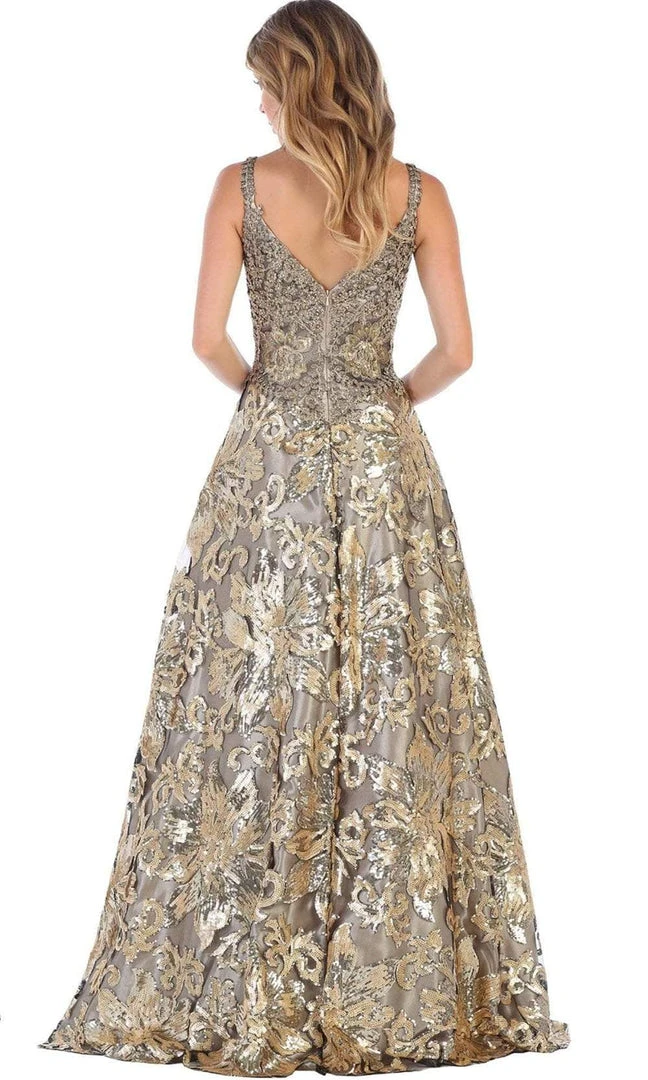 Formal Gowns May Queen - RQ7655 Two Tone Embellished Deep V-neck A-line Dress 8 Formal Gowns May Queen - RQ7655 Two Tone Embellished Deep V-neck A-line Dress