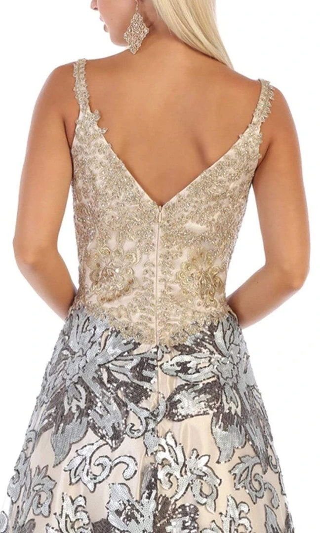 Formal Gowns May Queen - RQ7655 Two Tone Embellished Deep V-neck A-line Dress 6 Formal Gowns May Queen - RQ7655 Two Tone Embellished Deep V-neck A-line Dress