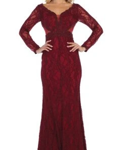 May Queen - RQ7657 Lace Plunging V Neck Evening Dress