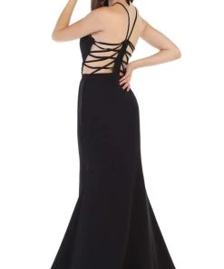 May Queen - RQ7660 Strappy Bejeweled Waist Halter Gown Formal Gowns