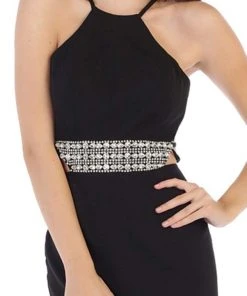 May Queen - RQ7660 Strappy Bejeweled Waist Halter Gown Formal Gowns