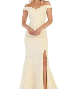 May Queen - RQ7663 Off-Shoulder Trumpet Dress With High Slit