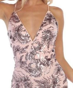 May Queen - RQ7666 Sequined Plunging V-Neck Sheath Gown