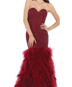 May Queen - RQ7668 Strapless Crystal Ornate Feathered Tulle Gown