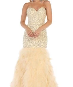May Queen - RQ7668 Strapless Crystal Ornate Feathered Tulle Gown 14 May Queen - RQ7668 Strapless Crystal Ornate Feathered Tulle Gown