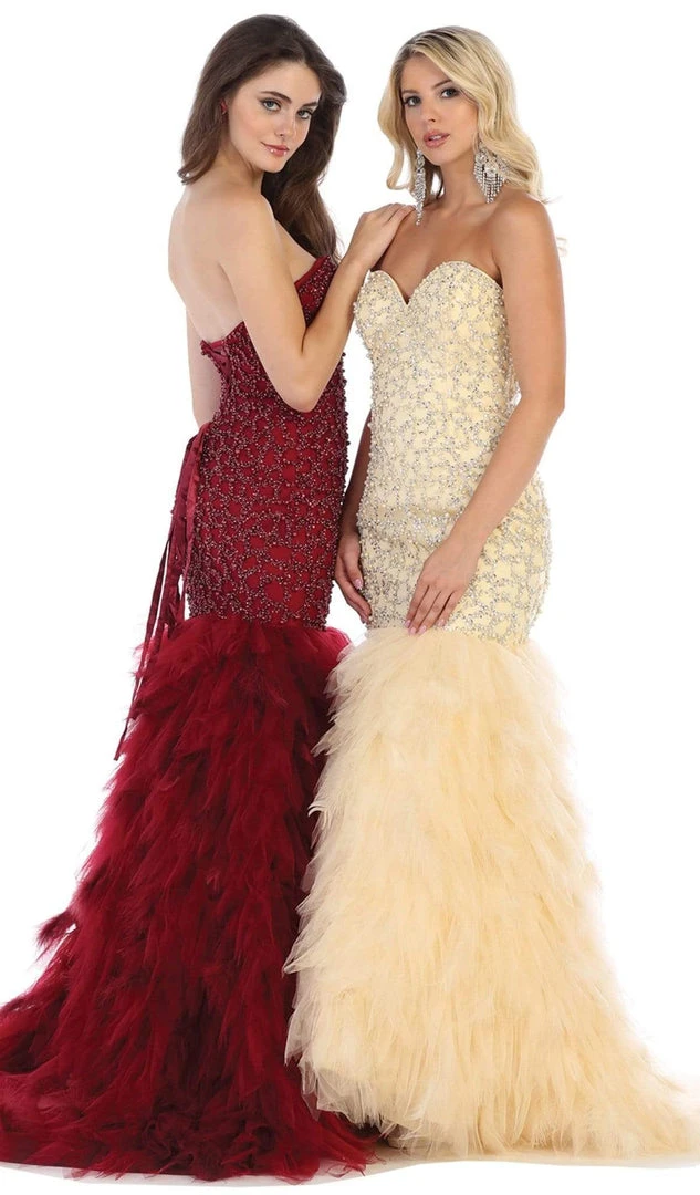 May Queen - RQ7668 Strapless Crystal Ornate Feathered Tulle Gown 9 May Queen - RQ7668 Strapless Crystal Ornate Feathered Tulle Gown