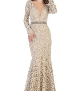 May Queen - RQ7671 Lace Long Sleeve Trumpet Dress With Train Formal Gowns