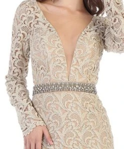 May Queen - RQ7671 Lace Long Sleeve Trumpet Dress With Train Formal Gowns