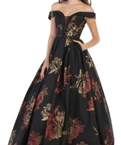 Formal Gowns May Queen - RQ7675 Floral Patterned Deep Off-Shoulder Pleated Ballgown