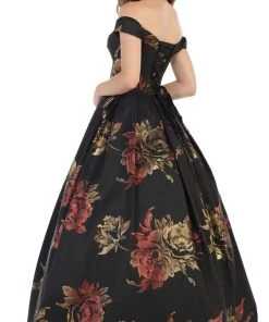 Formal Gowns May Queen - RQ7675 Floral Patterned Deep Off-Shoulder Pleated Ballgown