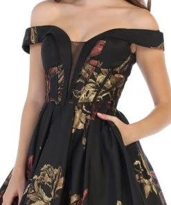 Formal Gowns May Queen - RQ7675 Floral Patterned Deep Off-Shoulder Pleated Ballgown