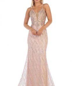 May Queen - RQ7683 Embellished Deep V-neck Trumpet Dress Formal Gowns
