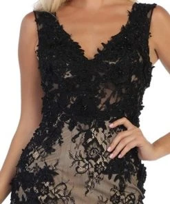 May Queen - RQ7687 Lace Applique V-neck Trumpet Dress Formal Gowns