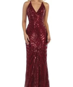 Formal Gowns May Queen - RQ7695 Embellished Plunging V-neck Sheath Dress