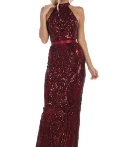 May Queen - RQ7696 Embellished High Halter Sheath Dress