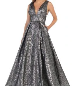 May Queen - RQ7701 Deep V-neck Pleated Ballgown With Train Formal Gowns