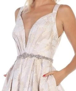 May Queen - RQ7715 Pleated V-Neck A-Line Evening Gown