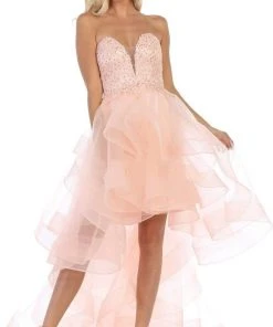 Formal Gowns May Queen - RQ7716 Strapless Lace Appliqued High Low Gown