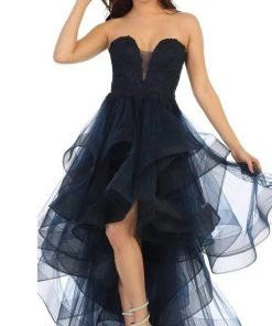 Formal Gowns May Queen - RQ7716 Strapless Lace Appliqued High Low Gown 16 Formal Gowns May Queen - RQ7716 Strapless Lace Appliqued High Low Gown