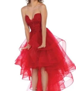 Formal Gowns May Queen - RQ7716 Strapless Lace Appliqued High Low Gown 14 Formal Gowns May Queen - RQ7716 Strapless Lace Appliqued High Low Gown