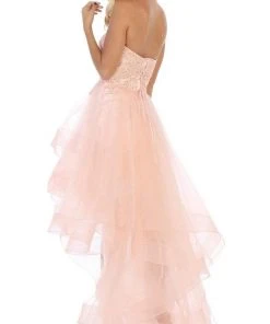 Formal Gowns May Queen - RQ7716 Strapless Lace Appliqued High Low Gown 11 Formal Gowns May Queen - RQ7716 Strapless Lace Appliqued High Low Gown