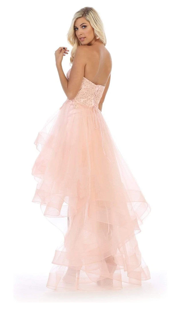 Formal Gowns May Queen - RQ7716 Strapless Lace Appliqued High Low Gown 4 Formal Gowns May Queen - RQ7716 Strapless Lace Appliqued High Low Gown